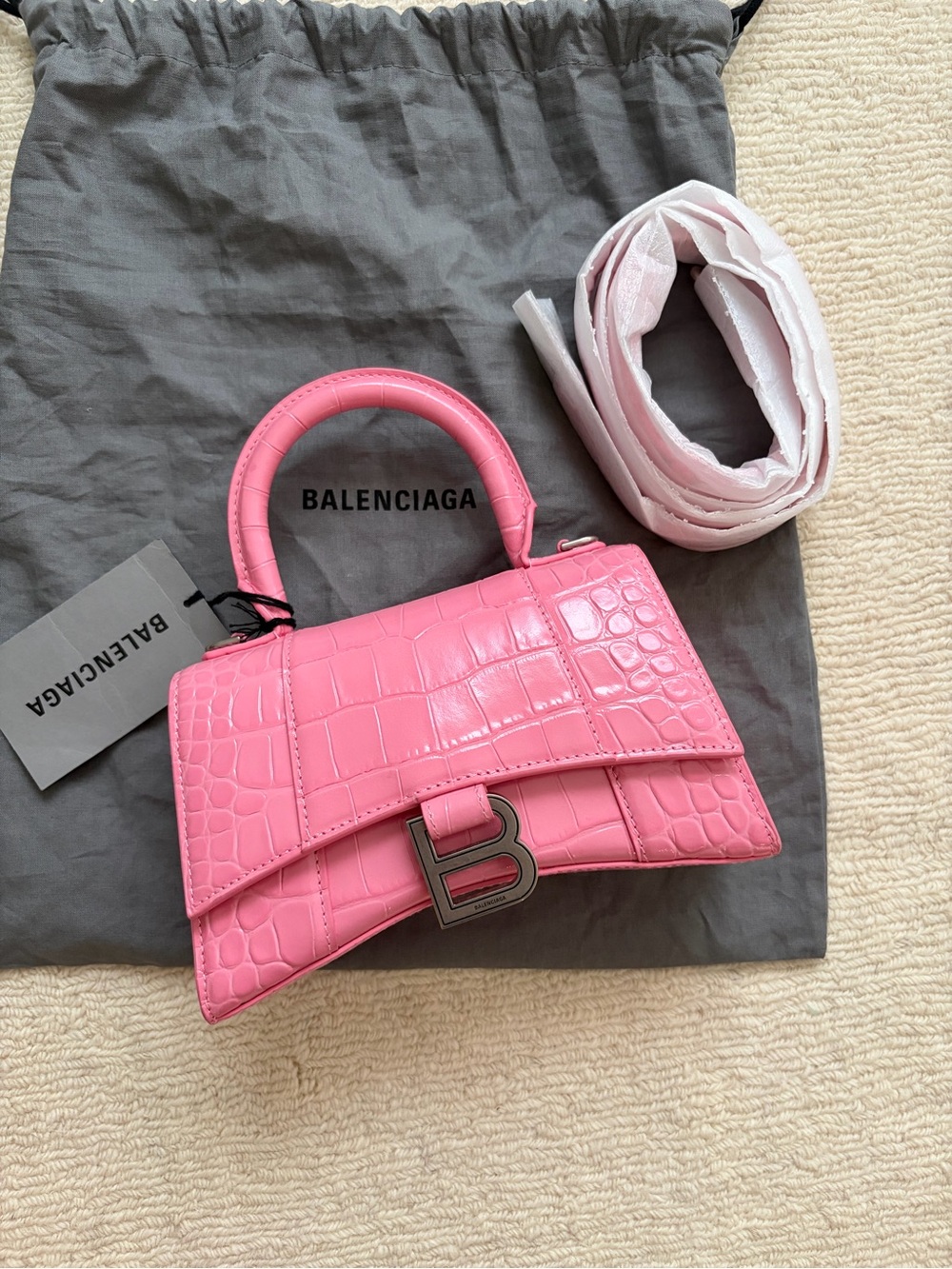 Brand New Balenciaga XS Hourglass Pink Croc Embossed Top Handle Bag $2600 - Picture 6 of 6